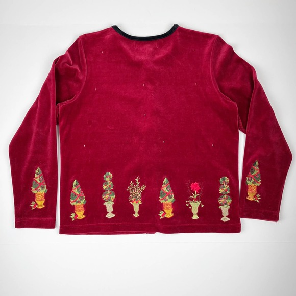Susan Bristol Red Velour Ugly Christmas Sweater Cardigan Holiday Plants Trees - Picture 2 of 16